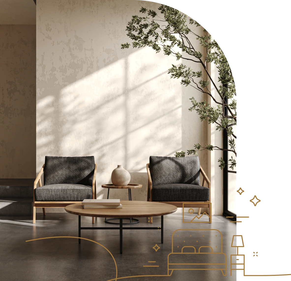 Minimalist living room with chairs and table.