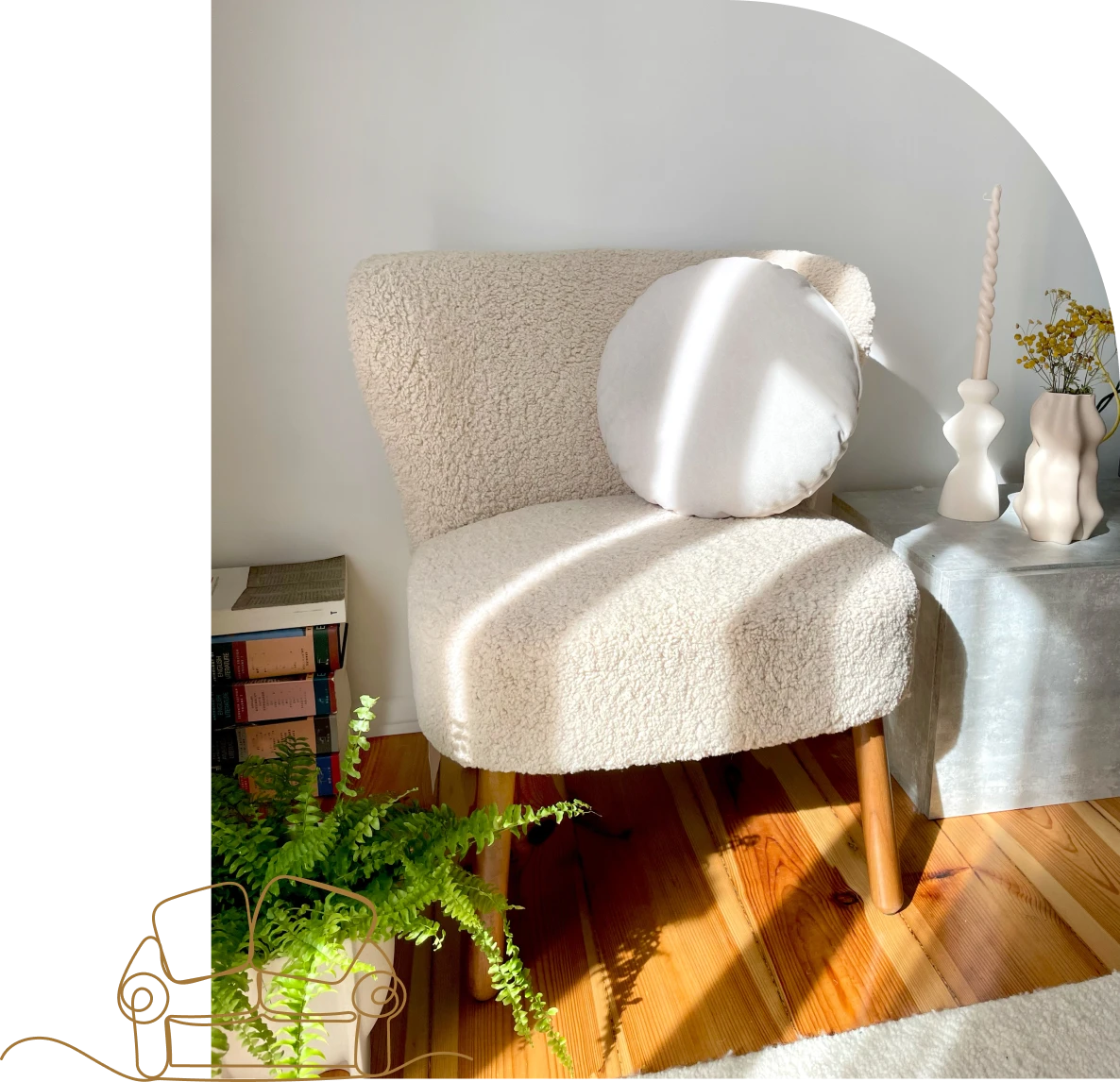 Cozy chair with pillow in sunny corner.