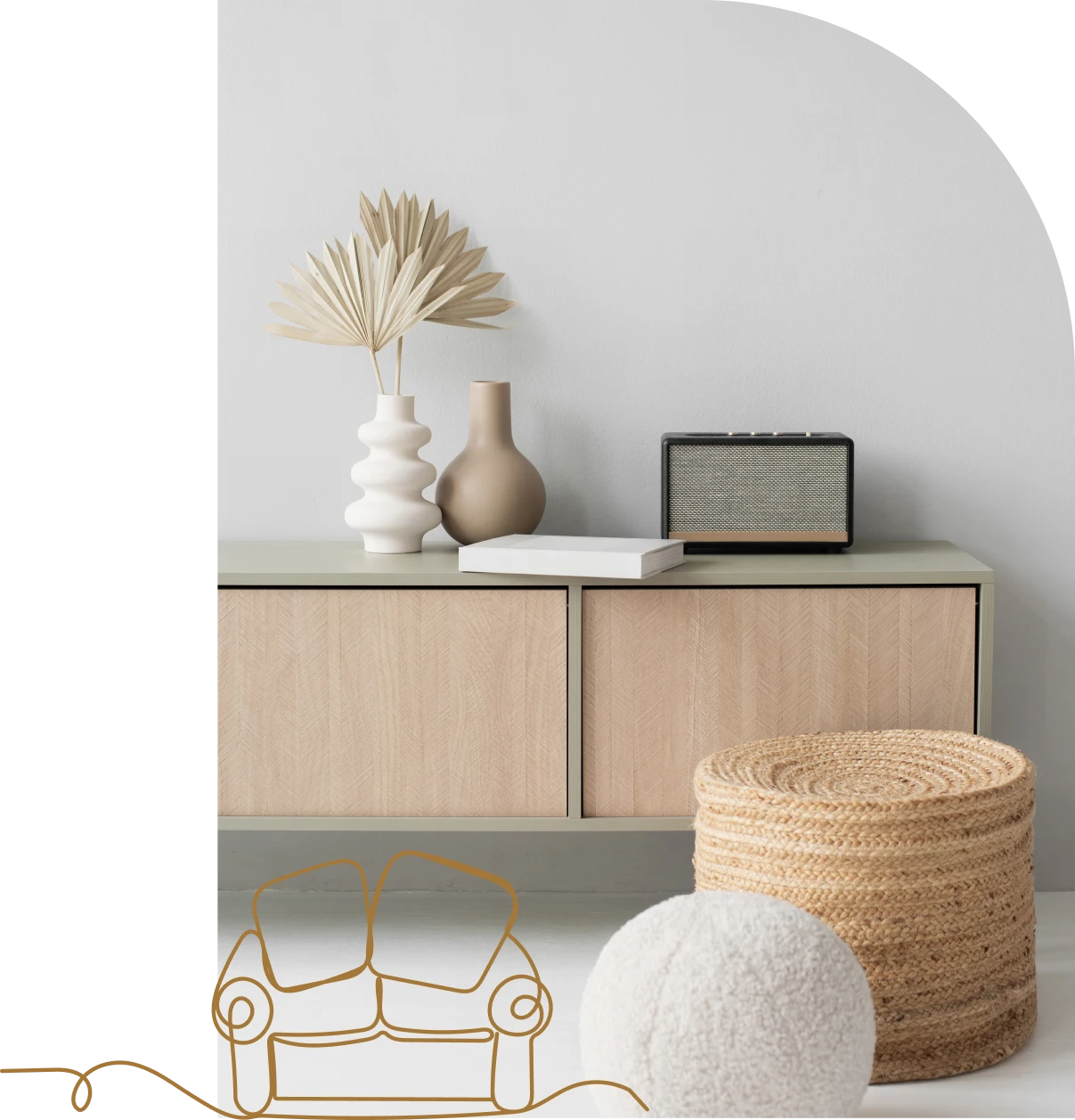 Minimalist interior with vases and woven ottoman.