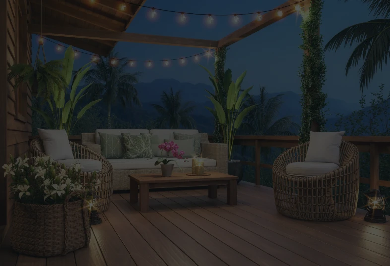 Cozy patio with string lights and furniture.
